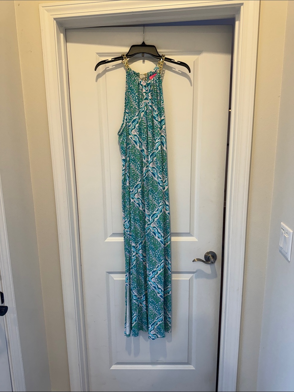 Lilly Pulitzer Teal and White Printed Halter Maxi with Gold Chain